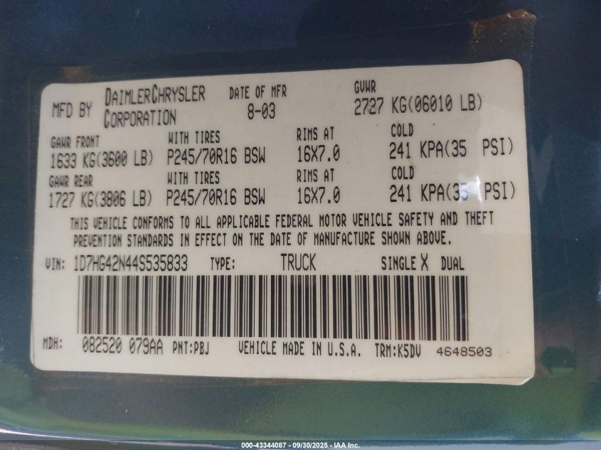 2004 Dodge Dakota Slt VIN: 1D7HG42N44S535833 Lot: 43344087
