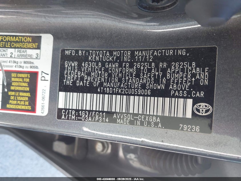 2012 Toyota Camry Hybrid Xle VIN: 4T1BD1FK2CU059006 Lot: 43344088