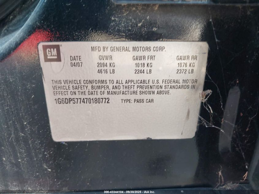 2007 Cadillac Cts Standard VIN: 1G6DP577470180772 Lot: 43344104