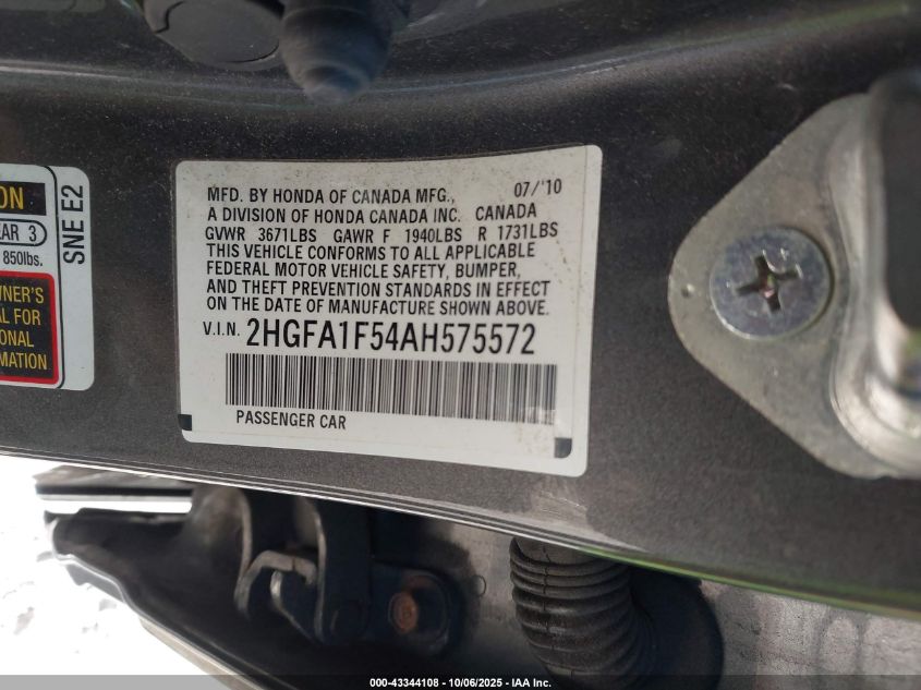 2010 Honda Civic Lx VIN: 2HGFA1F54AH575572 Lot: 43344108
