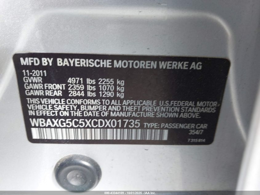 2012 BMW 528I VIN: WBAXG5C5XCDX01735 Lot: 43344109