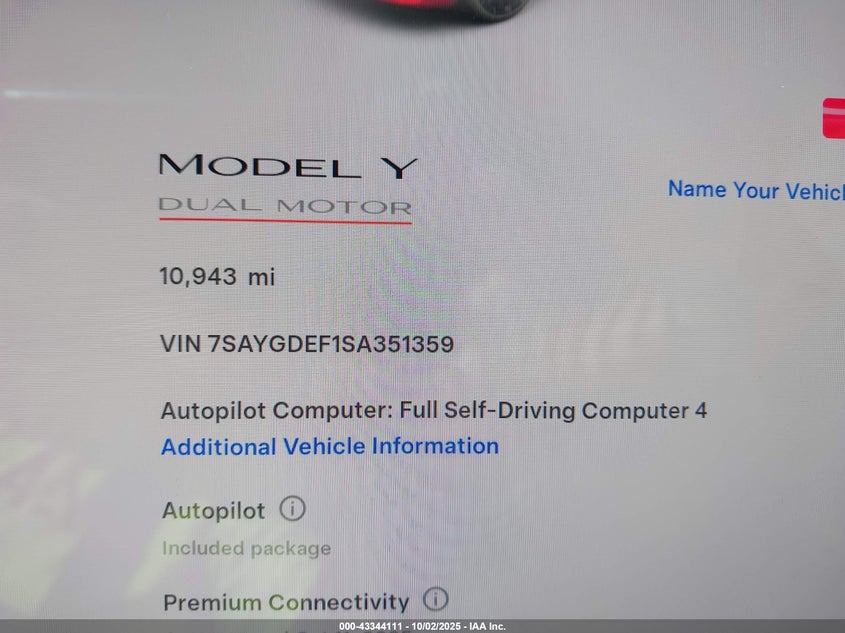 2025 Tesla Model Y Performance Dual Motor All-Wheel Drive VIN: 7SAYGDEF1SA351359 Lot: 43344111