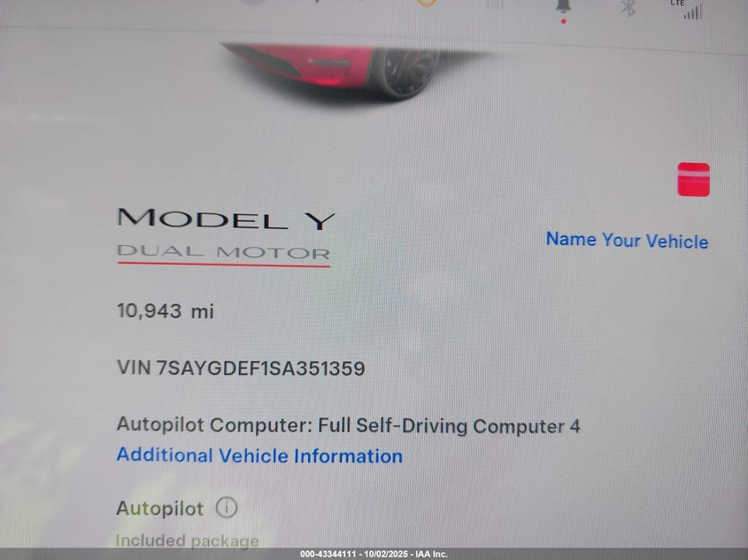 2025 Tesla Model Y Performance Dual Motor All-Wheel Drive VIN: 7SAYGDEF1SA351359 Lot: 43344111