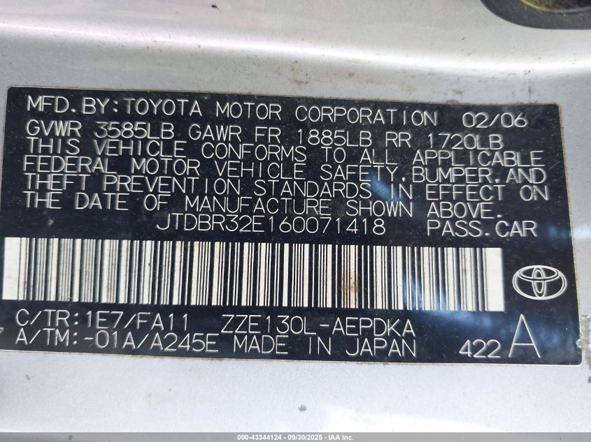 2006 Toyota Corolla Ce VIN: JTDBR32E160071418 Lot: 43344124