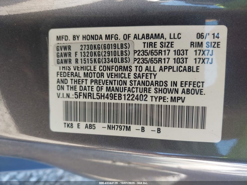 2014 HONDA ODYSSEY EX - 5FNRL5H49EB122402