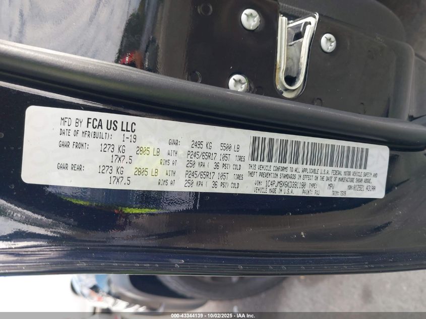 2019 Jeep Cherokee Trailhawk 4X4 VIN: 1C4PJMBX6KD391180 Lot: 43344139