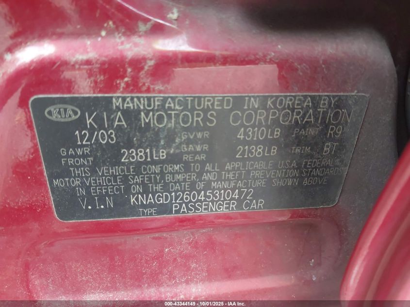 2004 Kia Optima Ex/Lx VIN: KNAGD126045310472 Lot: 43344149