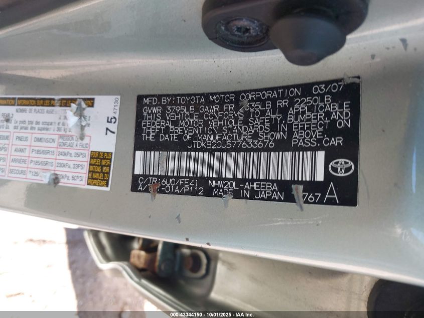 2007 Toyota Prius VIN: JTDKB20U577633676 Lot: 43344150