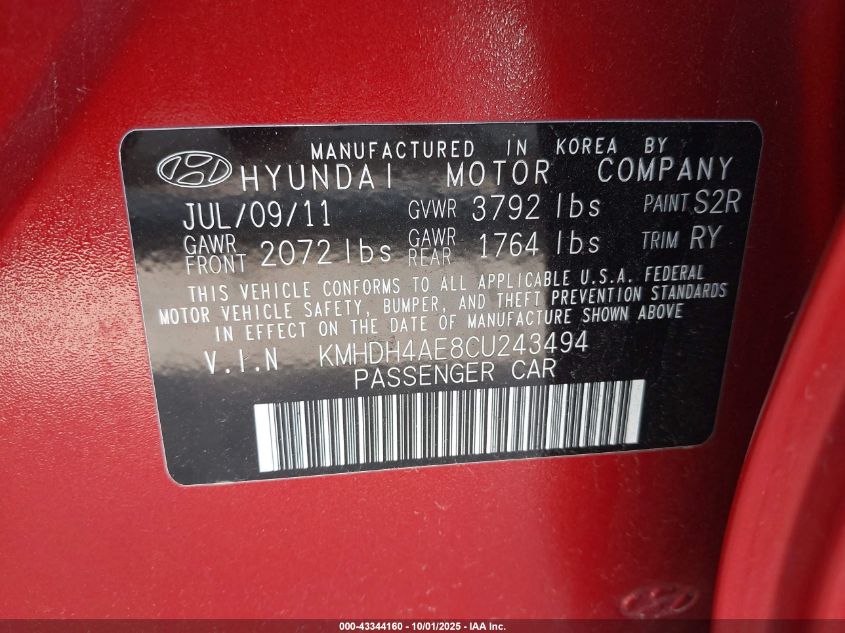 2012 Hyundai Elantra Limited (Ulsan Plant) VIN: KMHDH4AE8CU243494 Lot: 43344160