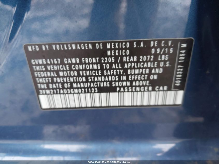 2016 Volkswagen Golf Tsi S 4-Door VIN: 3VW217AU3GM021123 Lot: 43344165