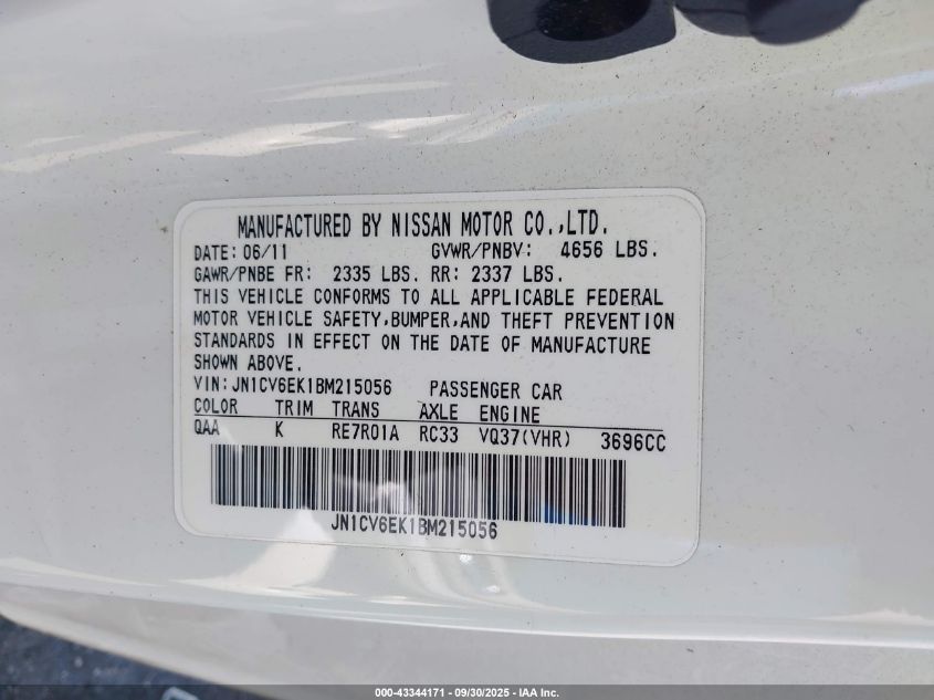 2011 Infiniti G37 Journey VIN: JN1CV6EK1BM215056 Lot: 43344171