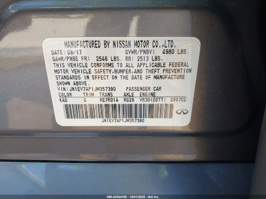 2018 Infiniti Q50 3.0T Sport VIN: JN1EV7AP1JM357390 Lot: 43344189