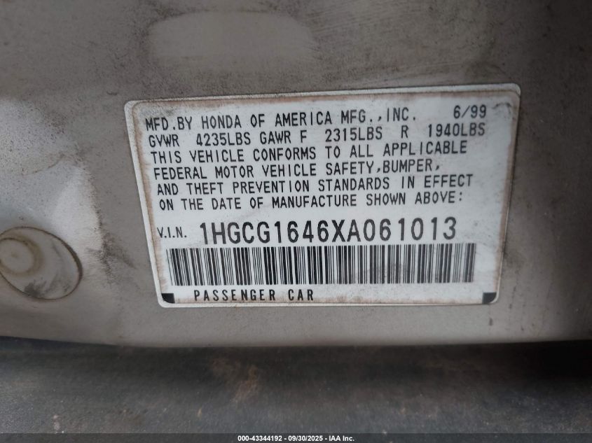 1999 Honda Accord Lx V6 VIN: 1HGCG1646XA061013 Lot: 43344192