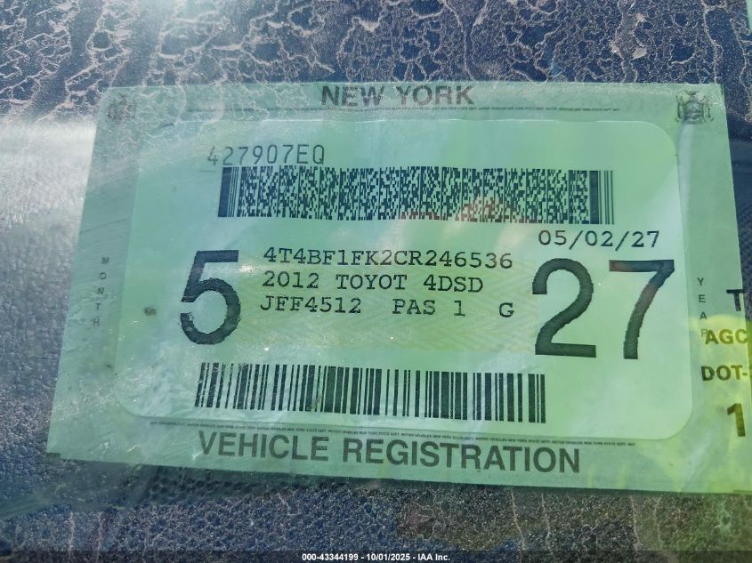 2012 Toyota Camry Xle VIN: 4T4BF1FK2CR246536 Lot: 43344199