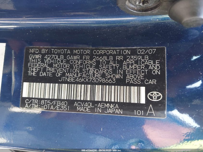2007 Toyota Camry Ce VIN: JTNBE46KX73098663 Lot: 43344206