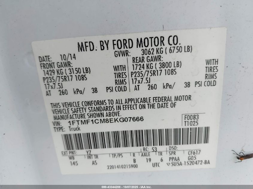 2014 Ford F-150 Xl VIN: 1FTMF1CM8EKG07666 Lot: 43344208