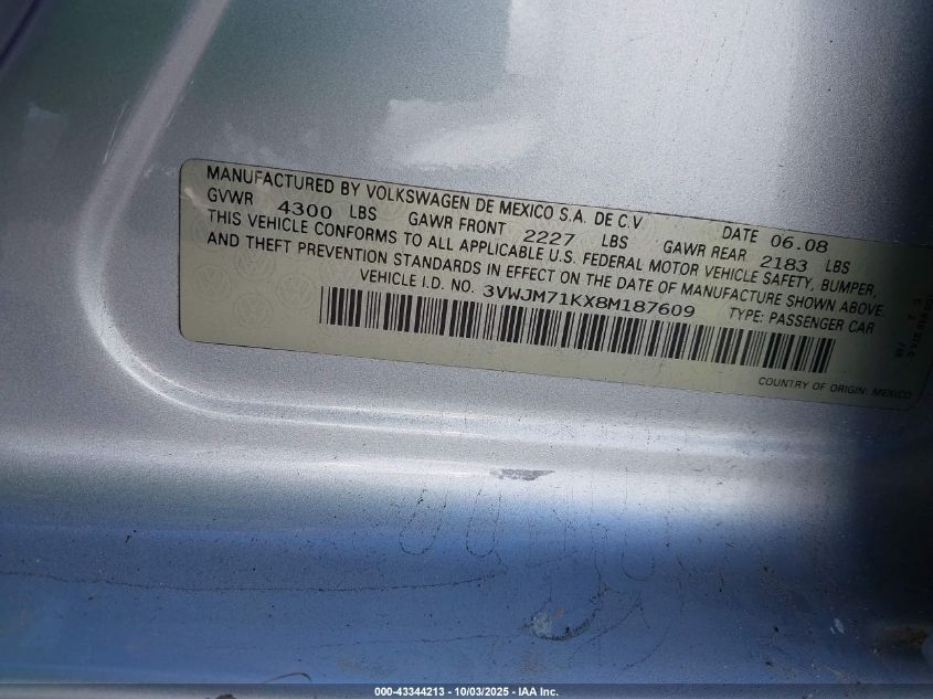2008 Volkswagen Jetta S VIN: 3VWJM71KX8M187609 Lot: 43344213