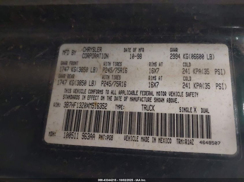 1999 Dodge Ram 1500 St VIN: 3B7HF13Z0XM516352 Lot: 43344215