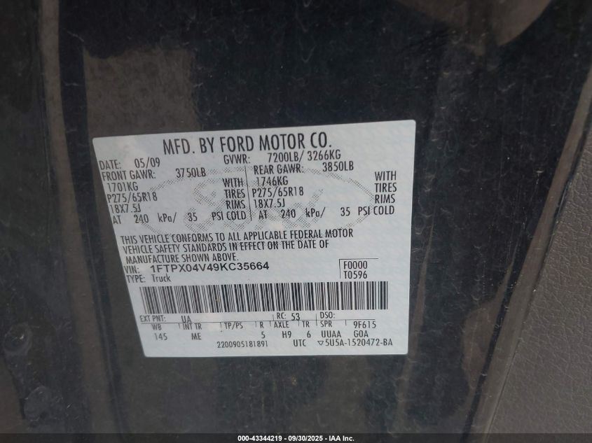 2009 Ford F-150 Fx4/Xlt VIN: 1FTPX04V49KC35664 Lot: 43344219
