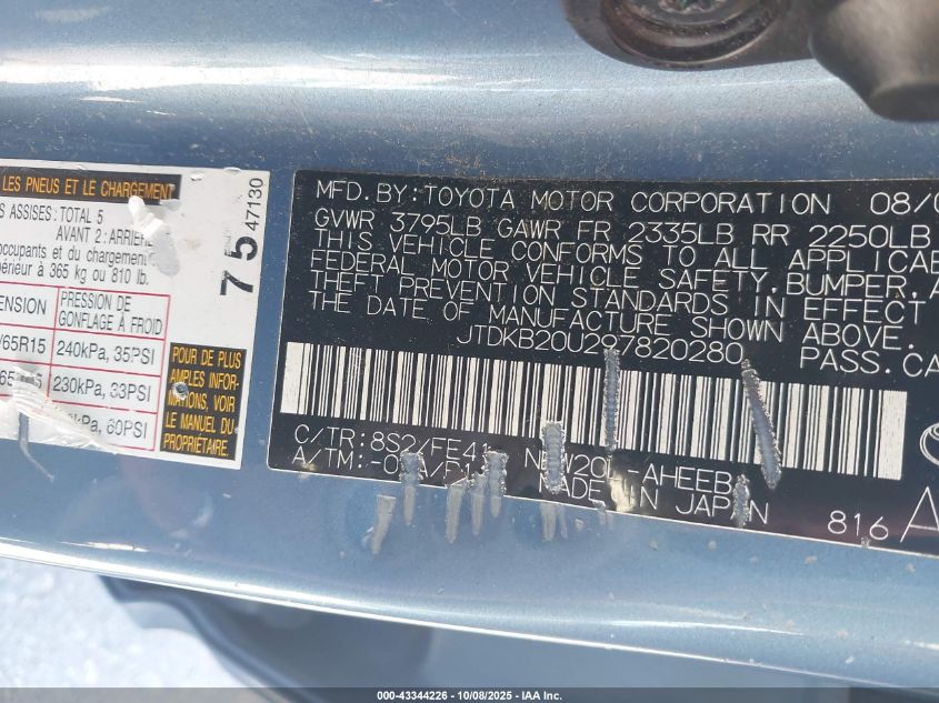 2009 Toyota Prius VIN: JTDKB20U297820280 Lot: 43344226