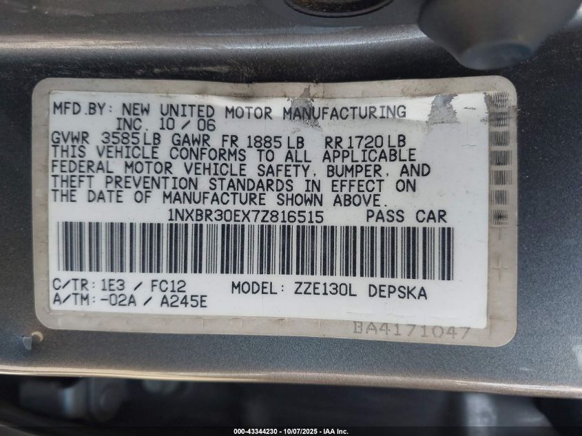 2007 Toyota Corolla S VIN: 1NXBR30EX7Z816515 Lot: 43344230