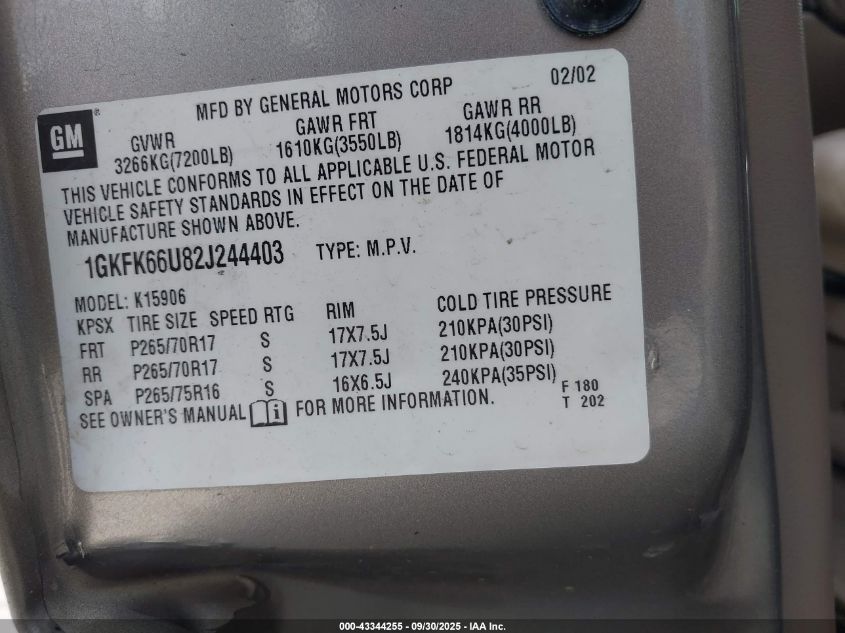 2002 GMC Yukon Xl 1500 Denali VIN: 1GKFK66U82J244403 Lot: 43344255