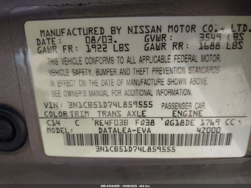 2004 Nissan Sentra 1.8S VIN: 3N1CB51D74L859555 Lot: 43344259