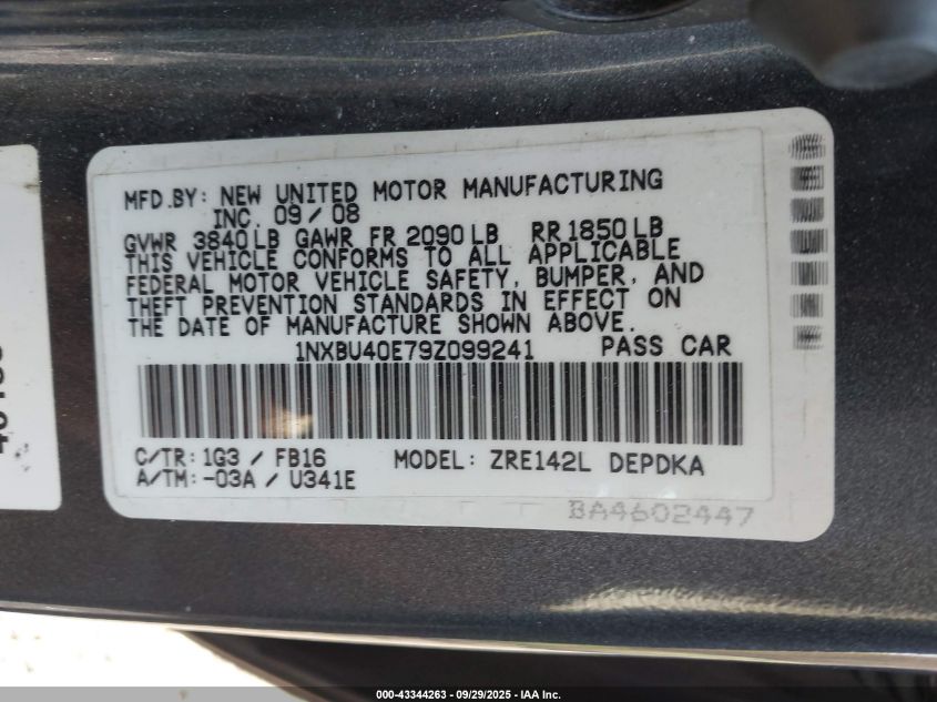 2009 Toyota Corolla Le VIN: 1NXBU40E79Z099241 Lot: 43344263