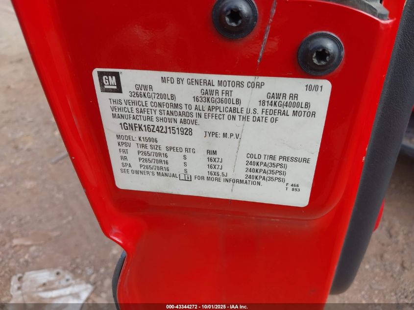 2002 Chevrolet Suburban 1500 Lt VIN: 1GNFK16Z42J151928 Lot: 43344272