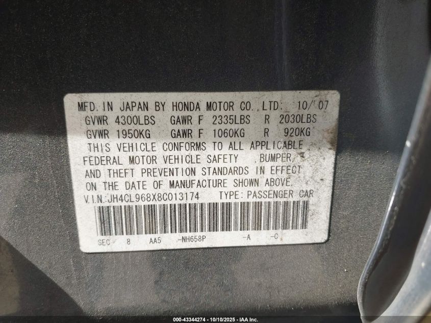 2008 Acura Tsx VIN: JH4CL968X8C013174 Lot: 43344274