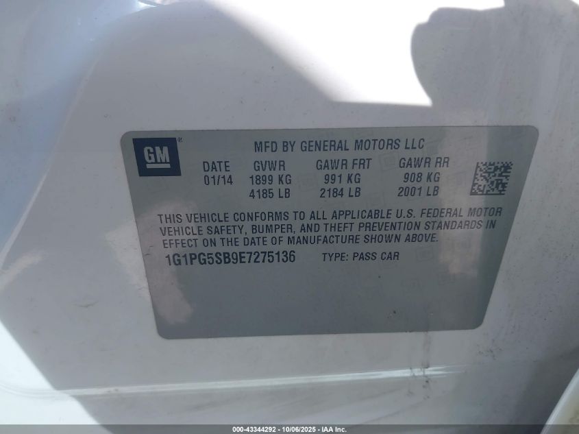 2014 Chevrolet Cruze Ltz VIN: 1G1PG5SB9E7275136 Lot: 43344292