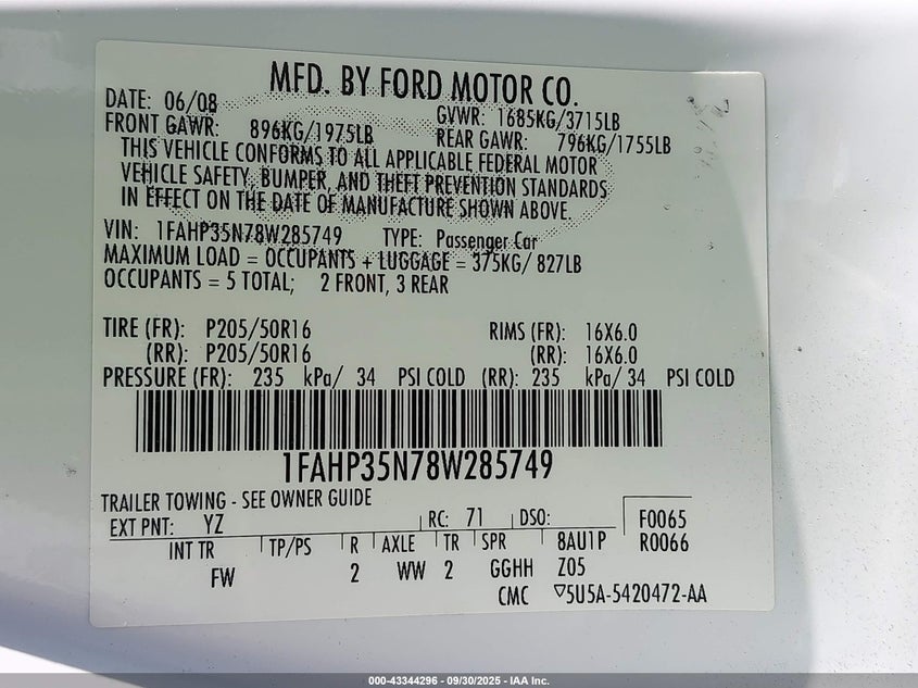 2008 Ford Focus Se/Ses VIN: 1FAHP35N78W285749 Lot: 43344296