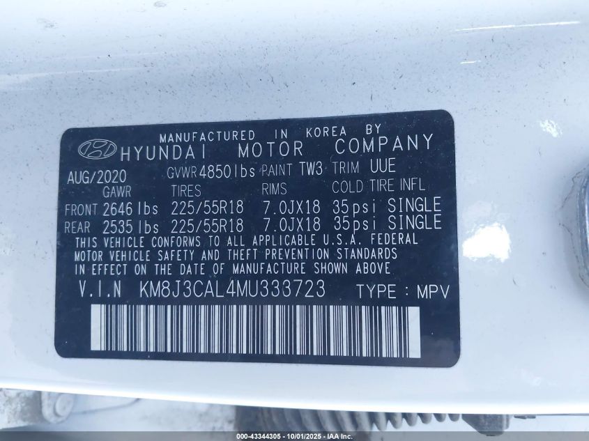 2021 Hyundai Tucson Ultimate VIN: KM8J3CAL4MU333723 Lot: 43344305