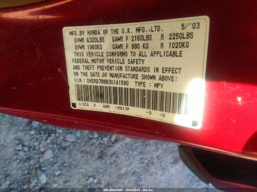 2003 Honda Cr-V Ex VIN: SHSRD78883U141590 Lot: 43344309