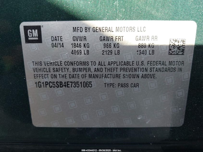 2014 Chevrolet Cruze 1Lt Auto VIN: 1G1PC5SB4E7351065 Lot: 43344312
