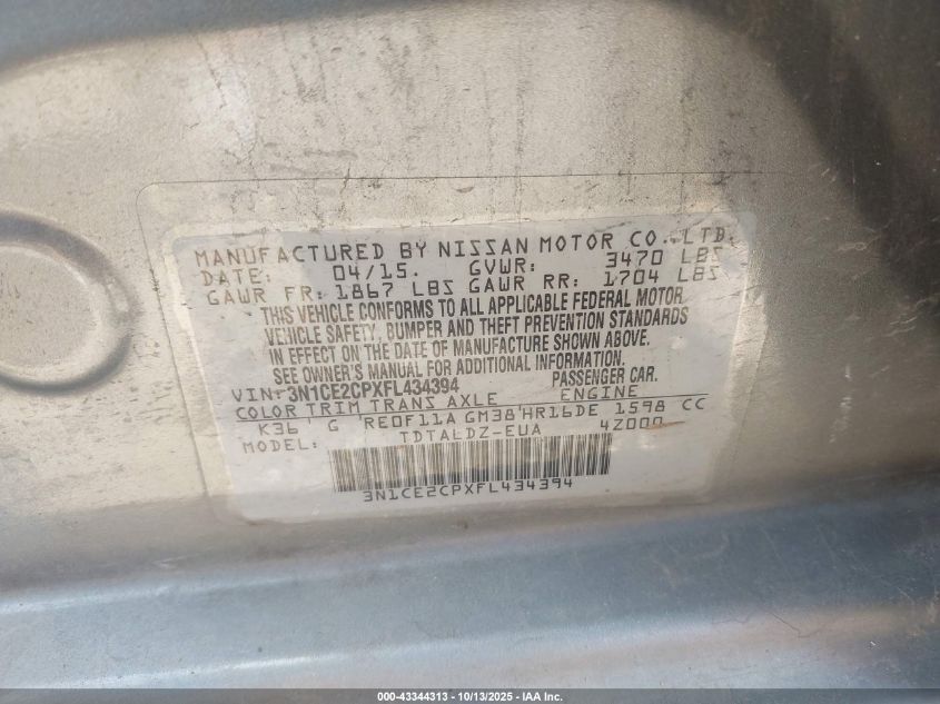 2015 Nissan Versa Note Sv VIN: 3N1CE2CPXFL434394 Lot: 43344313