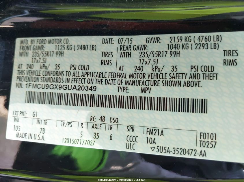 2016 Ford Escape Se VIN: 1FMCU9GX9GUA20349 Lot: 43344325