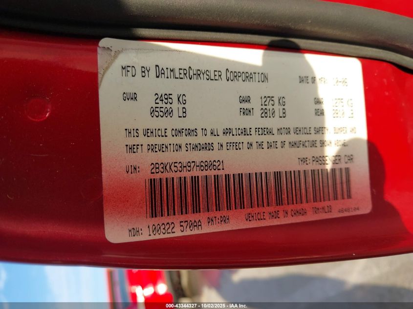 2007 Dodge Charger Rt VIN: 2B3KK53H97H680621 Lot: 43344327