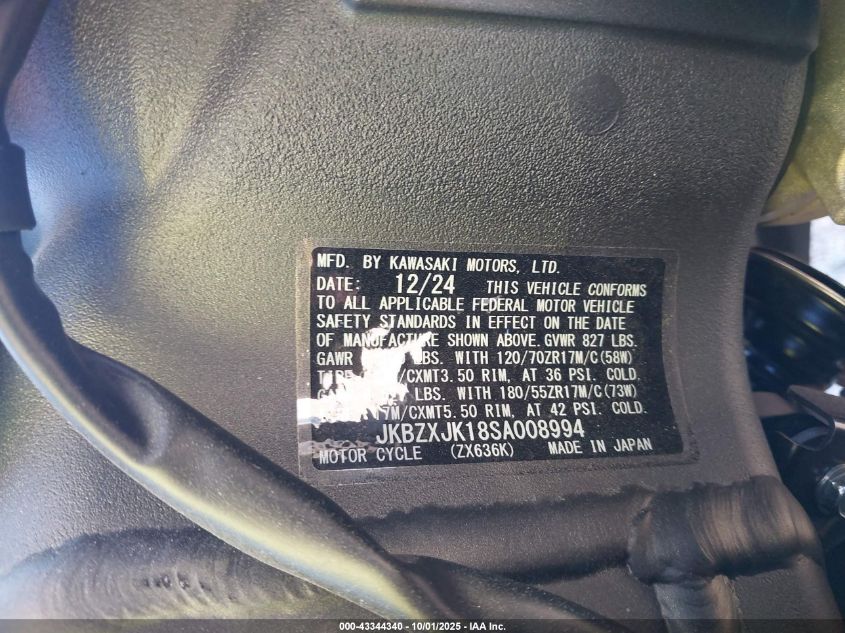 2025 Kawasaki Zx636 K VIN: JKBZXJK18SA008994 Lot: 43344340