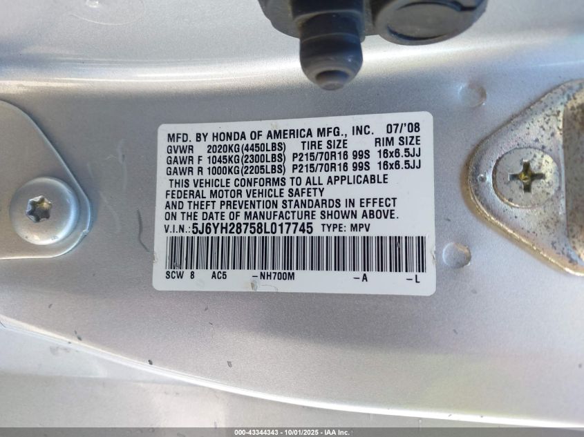 2008 Honda Element Ex VIN: 5J6YH28758L017745 Lot: 43344343