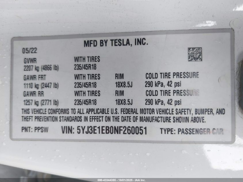 2022 Tesla Model 3 Long Range Dual Motor All-Wheel Drive VIN: 5YJ3E1EB0NF260051 Lot: 43344355