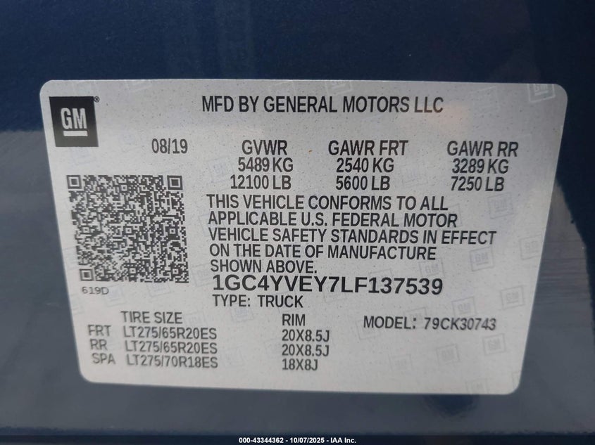 2020 Chevrolet Silverado 3500Hd 4Wd Standard Bed High Country VIN: 1GC4YVEY7LF137539 Lot: 43344362