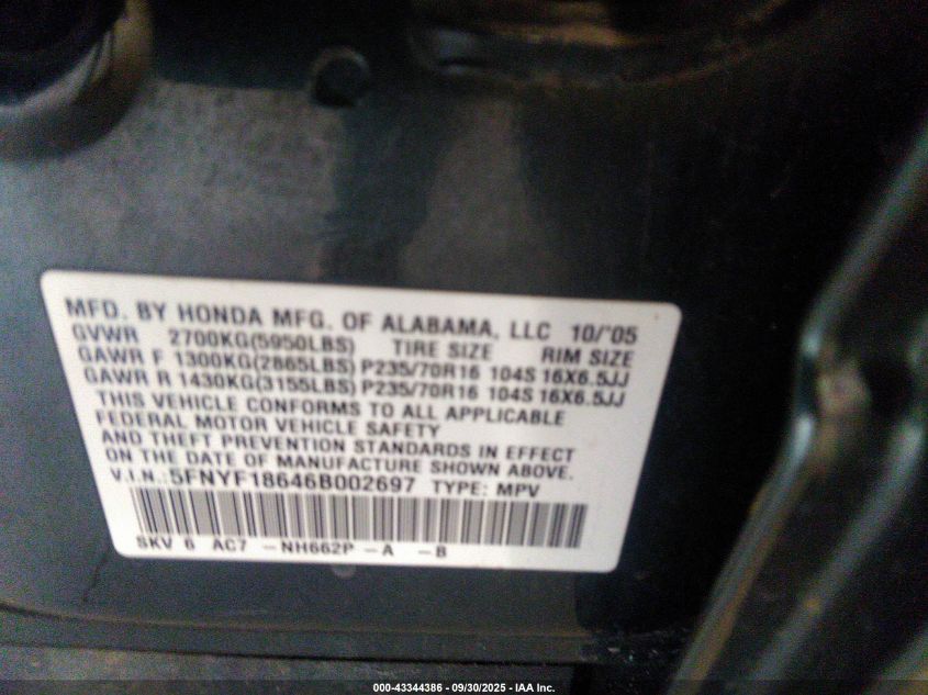 2006 Honda Pilot Ex-L VIN: 5FNYF18646B002697 Lot: 43344386