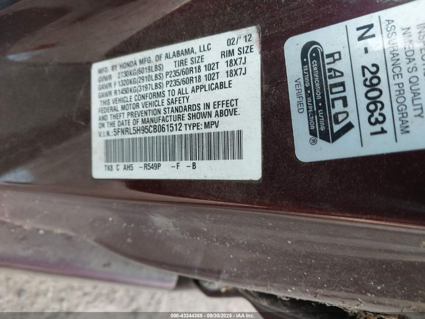 2012 Honda Odyssey Touring/Touring Elite VIN: 5FNRL5H95CB061512 Lot: 43344388