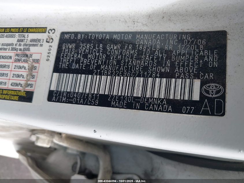 2006 Toyota Corolla Le VIN: 2T1BR32E96C711784 Lot: 43344394