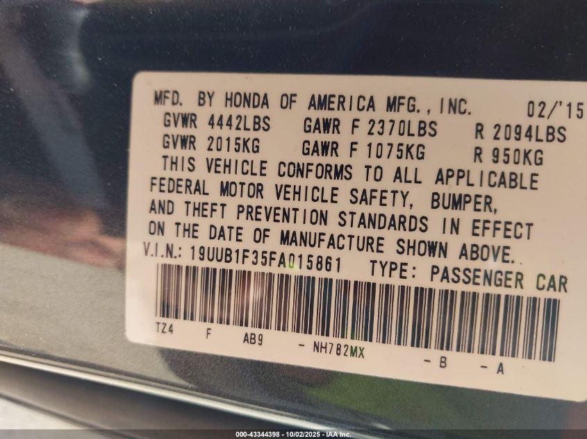 2015 Acura Tlx VIN: 19UUB1F35FA015861 Lot: 43344398