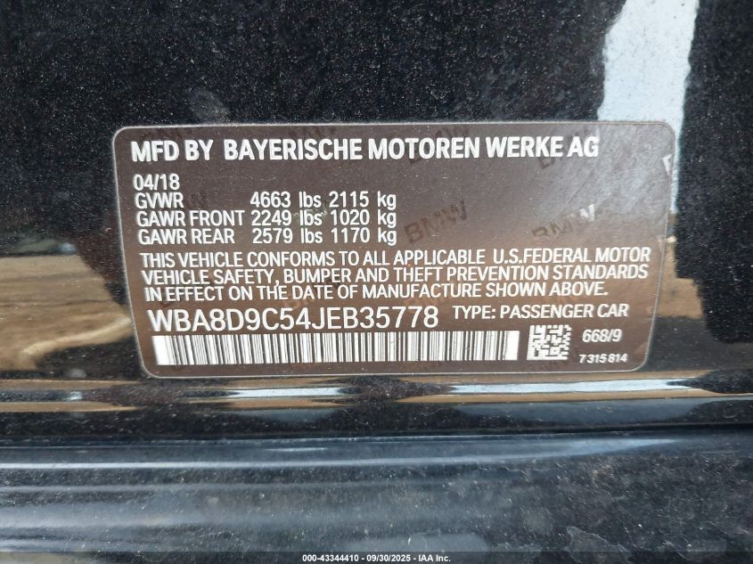 2018 BMW 330I xDrive VIN: WBA8D9C54JEB35778 Lot: 43344410