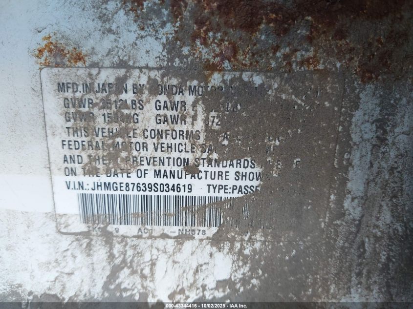 2009 Honda Fit Sport VIN: JHMGE87639S034619 Lot: 43344416