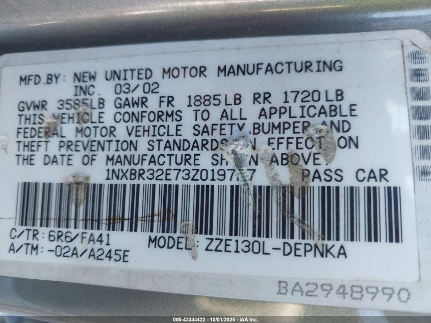 2003 Toyota Corolla Le VIN: 1NXBR32E73Z019727 Lot: 43344422