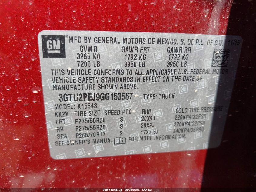 2016 GMC Sierra 1500 Denali VIN: 3GTU2PEJ9GG153567 Lot: 43344428